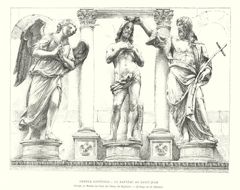 Andrea Contucci, The Baptism of Saint John, Grupp i brons på en av dopkapellets dörrar, Ängeln är av Spinazzi (gravyr) av Italian School