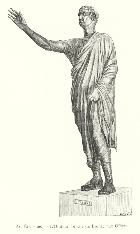 Etruskisk konst, Oratorn, bronsstaty vid Uffizi (gravyr) av Italian School