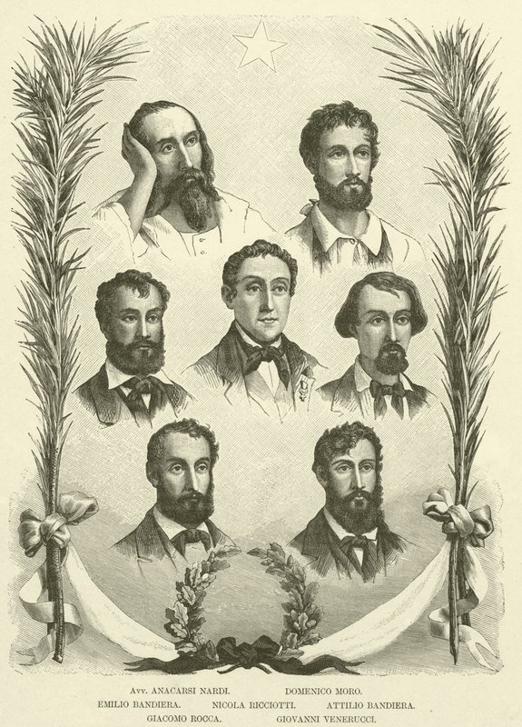 Avv Anacarsi Nardi, Domenico Moro, Emilio Bandiera, Nicola Ricciotti, Attilio Bandiera, Giacomo Rocca, Giovanni Venerucci (gravyr) av Italian School