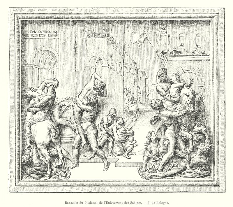 Basrelief av piedestalen för bortförandet av sabinerna, J av Bologna (gravyr) av Italian School