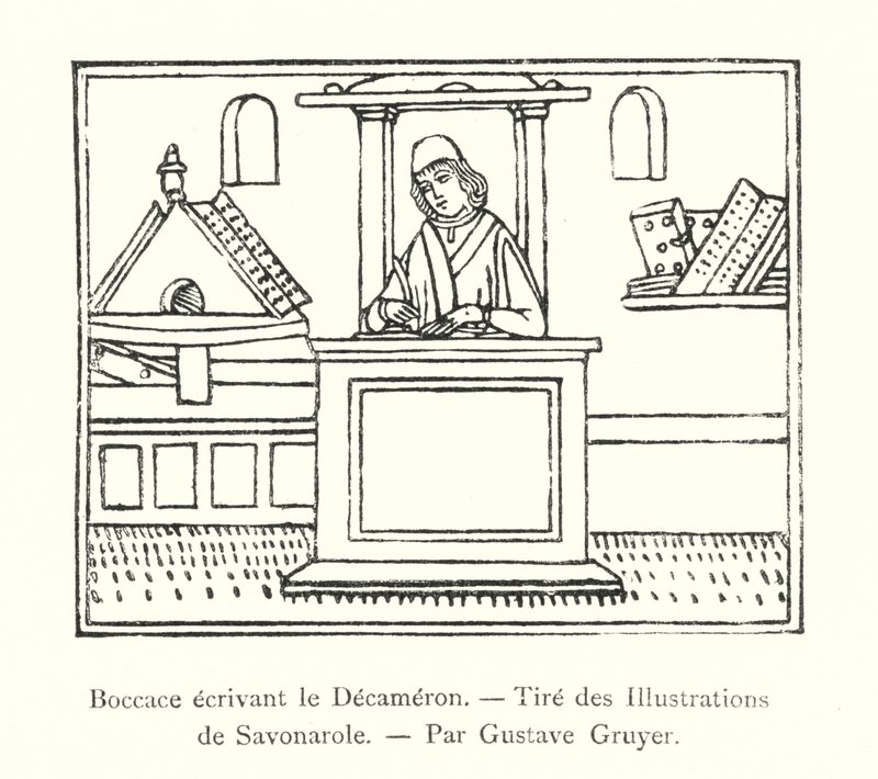 Boccaccio som skriver Decameron, från illustrationerna av Savonarola, av Gustave Gruyer (gravyr) av Italian School