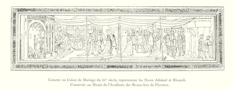 Cassone eller bröllopskrin från 1400-talet, föreställande Adimari- och Ricasoli-bröllopet, bevarad på Konsthögskolans museum i Florens (gravyr) av Italian School
