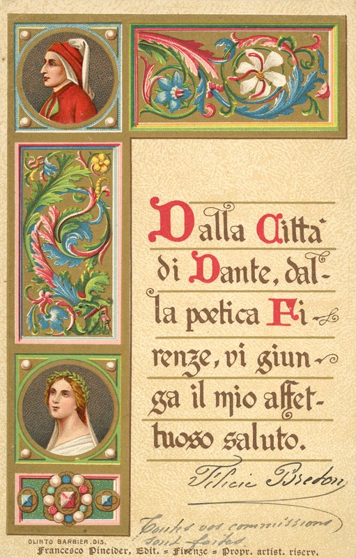 Dante, Beatrice, Den gudomliga komedin (färglitografi) av Italian School