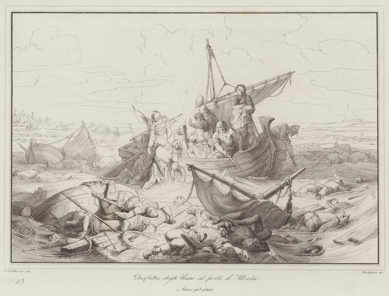 Hunnernas nederlag i hamnen i Albiola, 903 (gravyr) av Italian School
