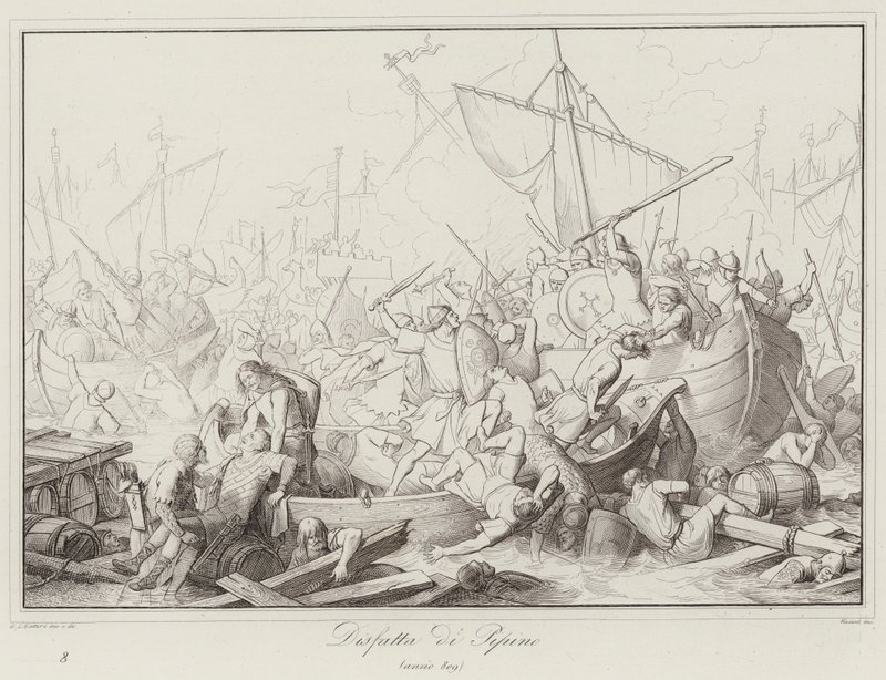 Nederlag för Pippin, 809 (gravyr) av Italian School