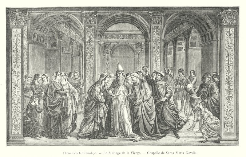 Domenico Ghirlandajo, Jungfruns bröllop, kapellet Santa Maria Novella (gravyr) av Italian School