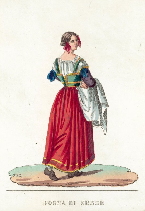 Donna Di Sezze (färgad gravyr) av Italian School