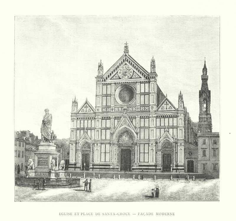 Kyrkan och torget i Santa-Croce, modern fasad (gravyr) av Italian School
