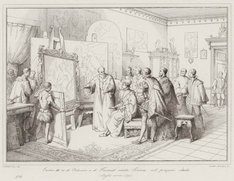 Henrik III, kung av Polen och Frankrike, besöker Titian i sin ateljé av Italian School