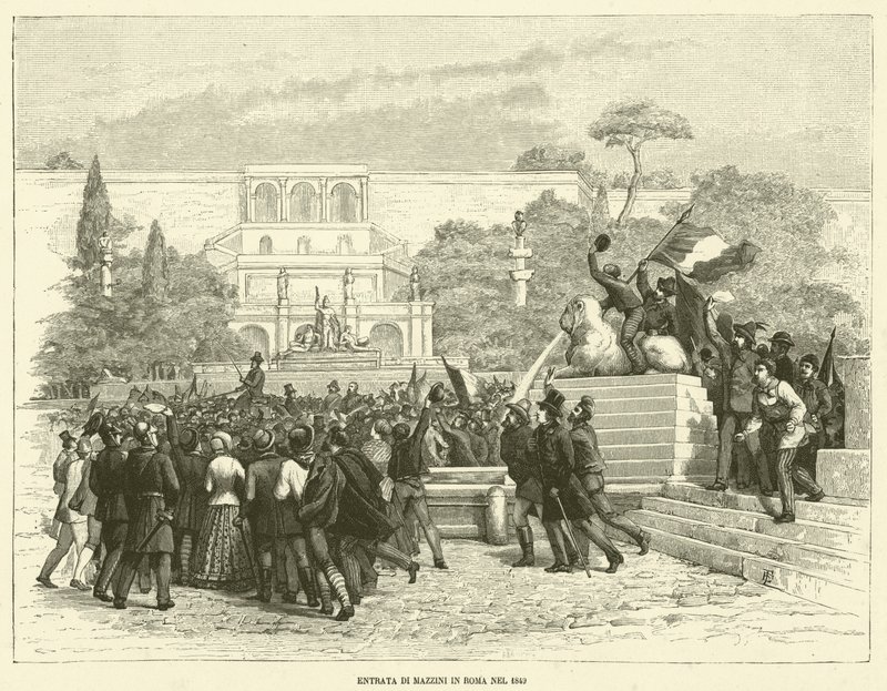 Mazzinis intåg i Rom 1849 (gravyr) av Italian School