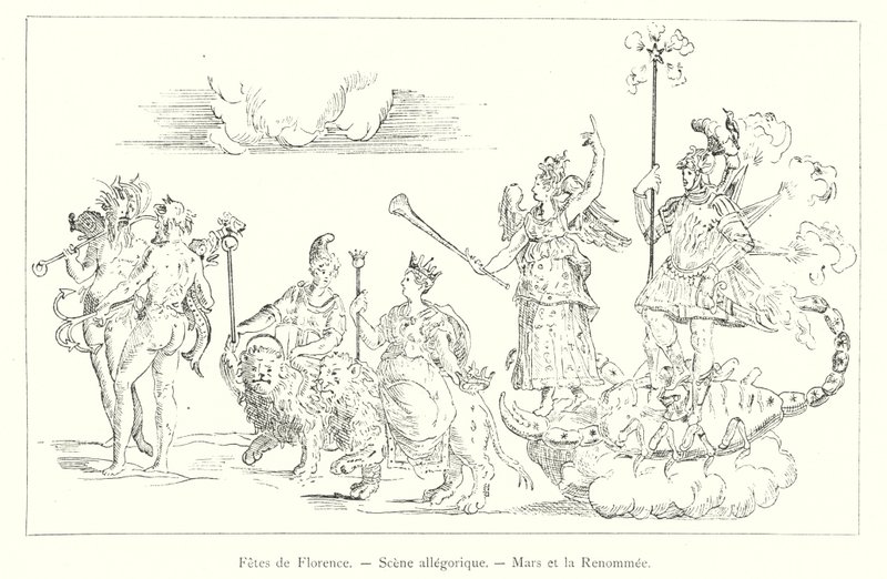 Florens högtider, allegorisk scen, Mars och berömmelse (gravyr) av Italian School