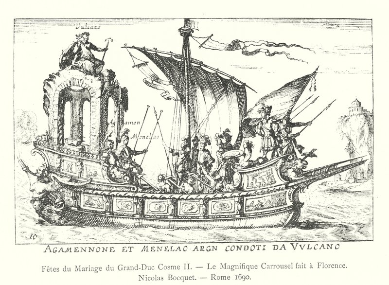 Högtider för storhertig Cosimo II:s bröllop, Den magnifika karusellen tillverkad i Florens, Nicolas Bocquet, Rom 1690 (gravyr) av Italian School