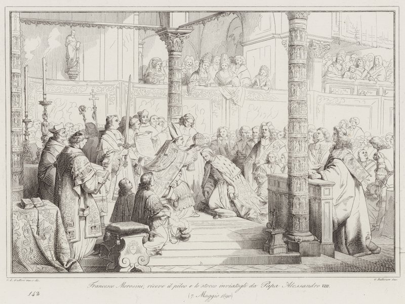 Francesco Morosini, tar emot pileus och stocco som skickats till honom av påven Alexander VIII av Italian School