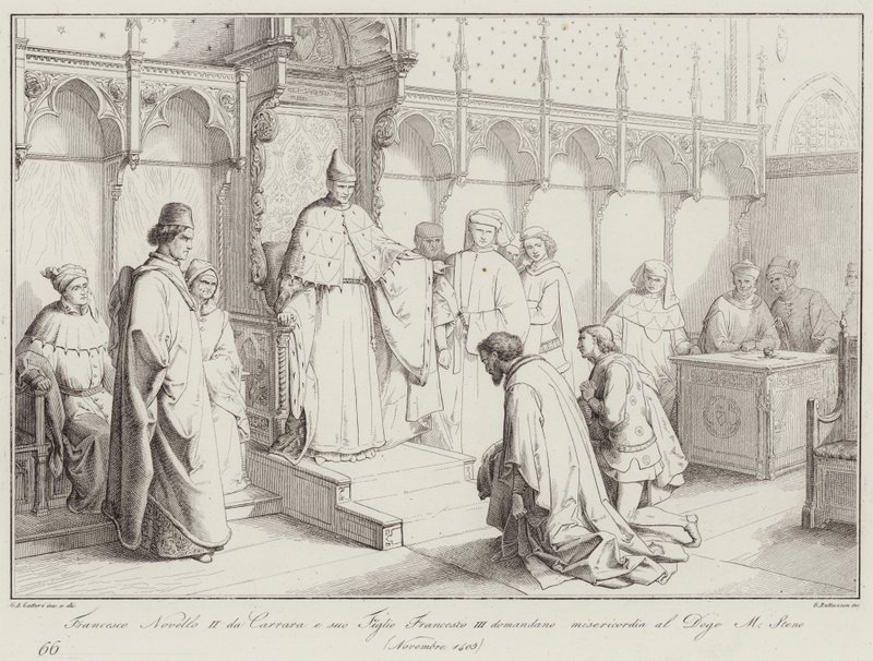 Francesco Novello II av Carrara och hans son Francesco III ber om nåd från dogen Michele Steno av Italian School