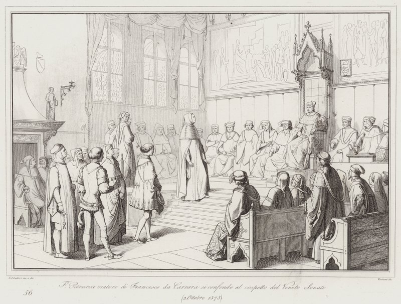 Francesco Petrarcas talare av Francesco da Carrara är förvirrad i närvaro av Venetosenaten av Italian School