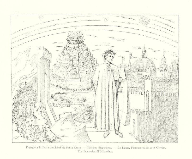 Fresk vid dörren till Servi av Santa Croce, Allegorisk målning, Dante, Florens och de sju cirklarna, av Domenico di Michelino (gravyr) av Italian School