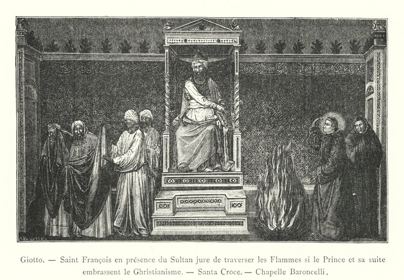 Giotto, Saint Francis i närvaro av sultanen svär att korsa lågorna om prinsen och hans följe omfamnar kristendomen, Santa Croce, Baroncelli Chapel (gravyr) av Italian School
