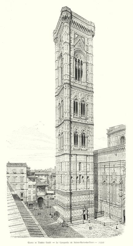 Giotto och Taddeo Gaddi, Campanile of Sainte-Marie-des-Fleurs (gravyr) av Italian School