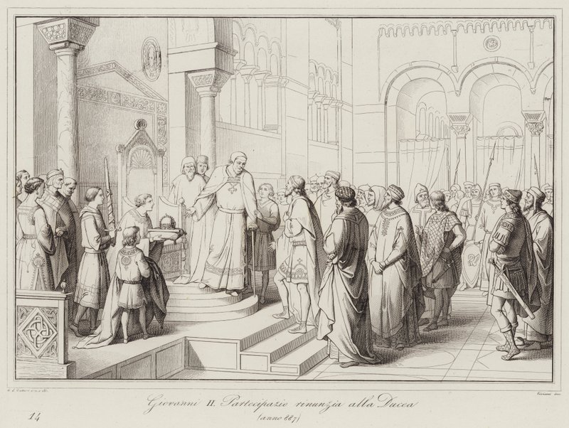 Giovanni II Partecipazio avsäger sig hertigdömet, 887 (gravyr) av Italian School