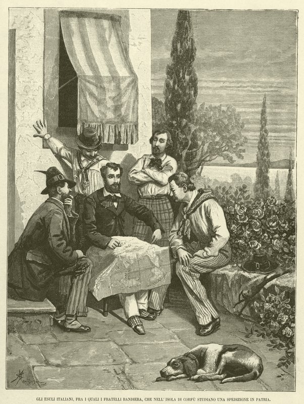 De italienska exilerna, bland vilka flaggbröderna, som på ön Korfu studerar en expedition till sitt hemland (gravyr) av Italian School