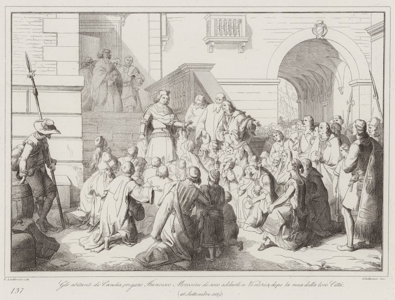 Invånarna i Candia ber till Francesco Morosini att föra dem till Venedig, efter överlämnandet av deras stad av Italian School