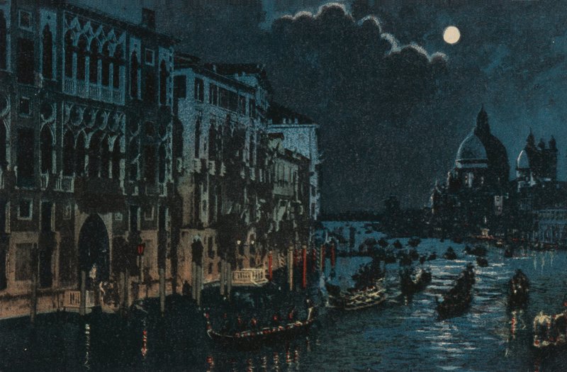 Canal Grande och Salute (färglitografi) av Italian School