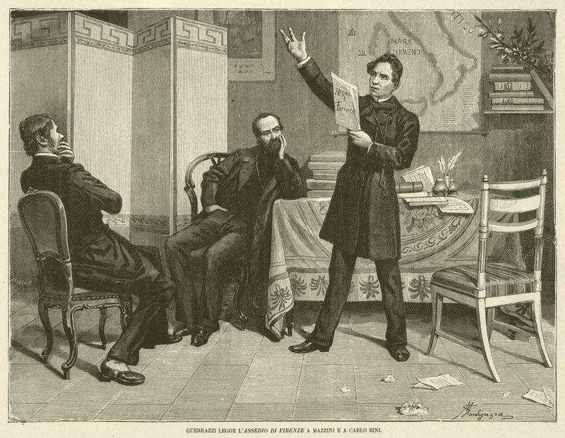 Guerrazzi läser belägringen av Florens för Mazzini och Carlo Bini (gravyr) av Italian School