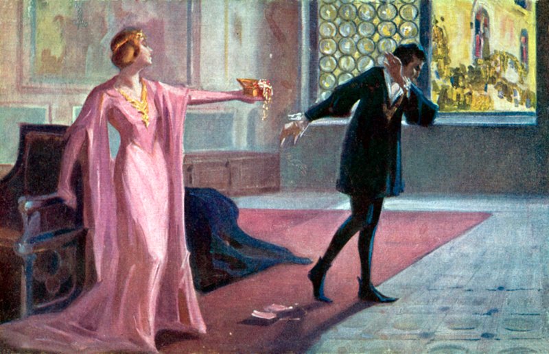 Hamlet och Ofelia (färglitografi) av Italian School