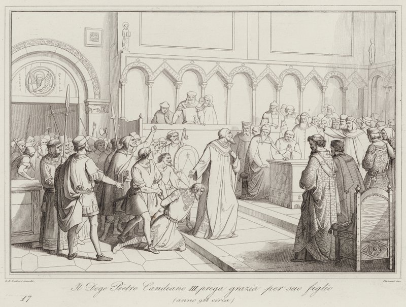 Doge Pietro Candiano III ber om nåd för sin son, 958 (gravyr) av Italian School