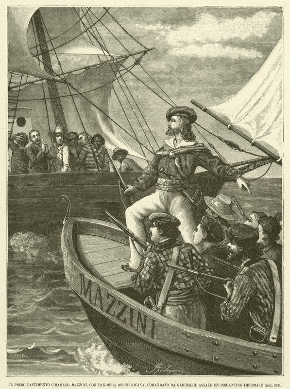 Det första varvet som heter Mazzini, med republikansk flagga, under kommando av Garibaldi, Assale An Imperial Brigantion (gravyr) av Italian School
