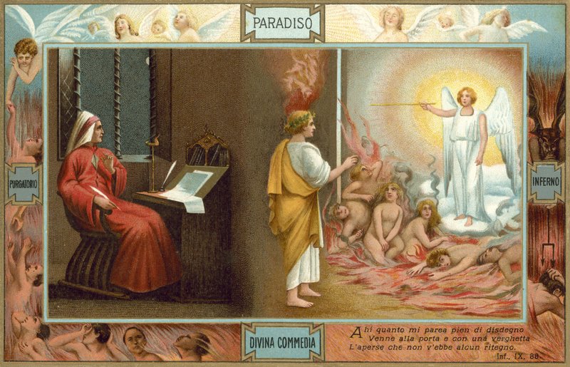 Illustration till Dantes Den gudomliga komedin (färglitografi) av Italian School