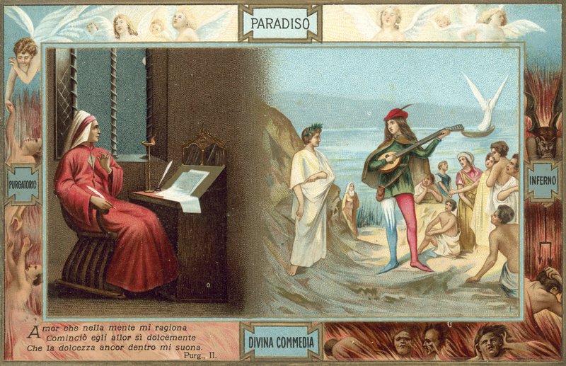 Illustration till Dantes Den gudomliga komedin (färglitografi) av Italian School