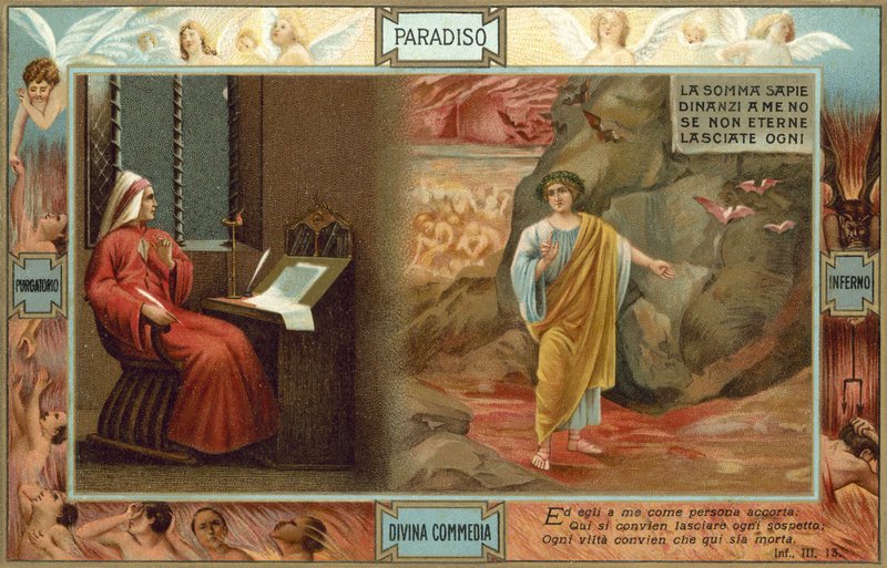 Illustration till Dantes Den gudomliga komedin (färglitografi) av Italian School