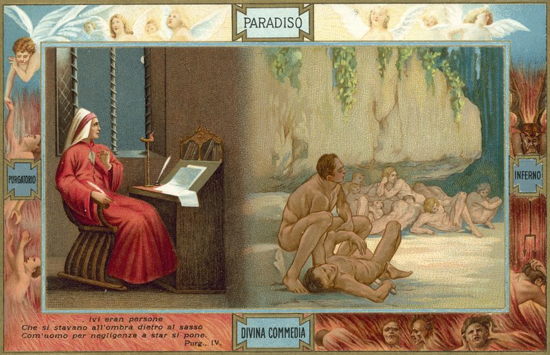Illustration till Dantes Den gudomliga komedin (färglitografi) av Italian School