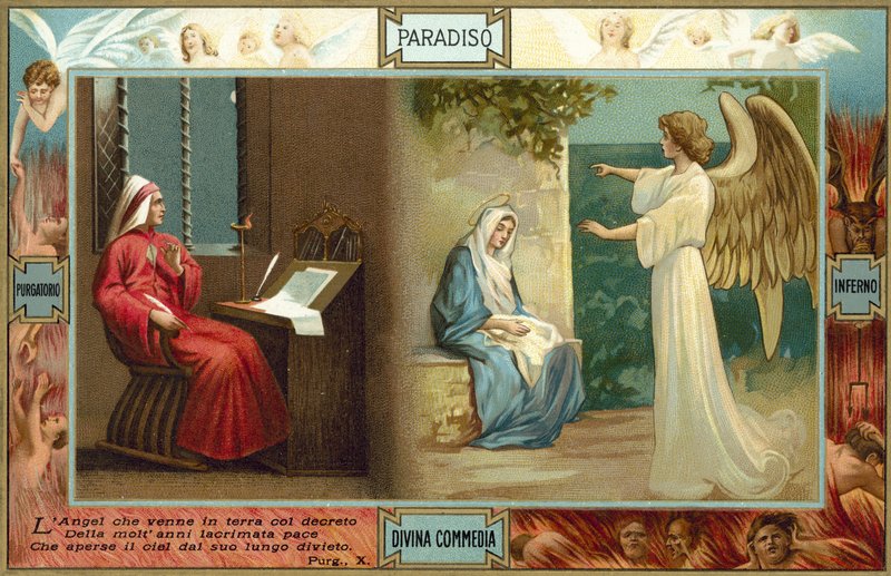 Illustration till Dantes Den gudomliga komedin (färglitografi) av Italian School