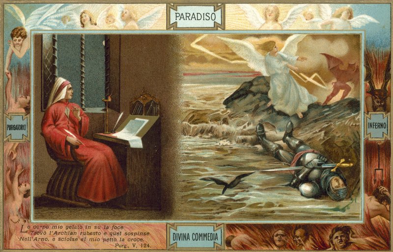 Illustration till Dantes Den gudomliga komedin (färglitografi) av Italian School