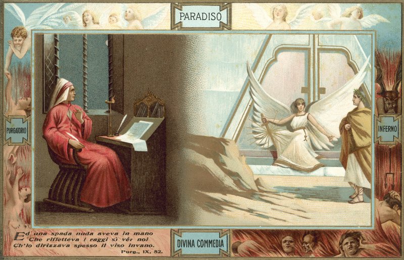 Illustration till Dantes Den gudomliga komedin (färglitografi) av Italian School