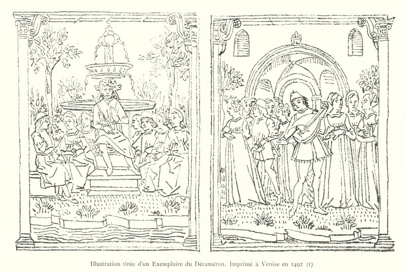 Illustration från en kopia av Decameron, tryckt i Venedig 1492, I (gravyr) av Italian School