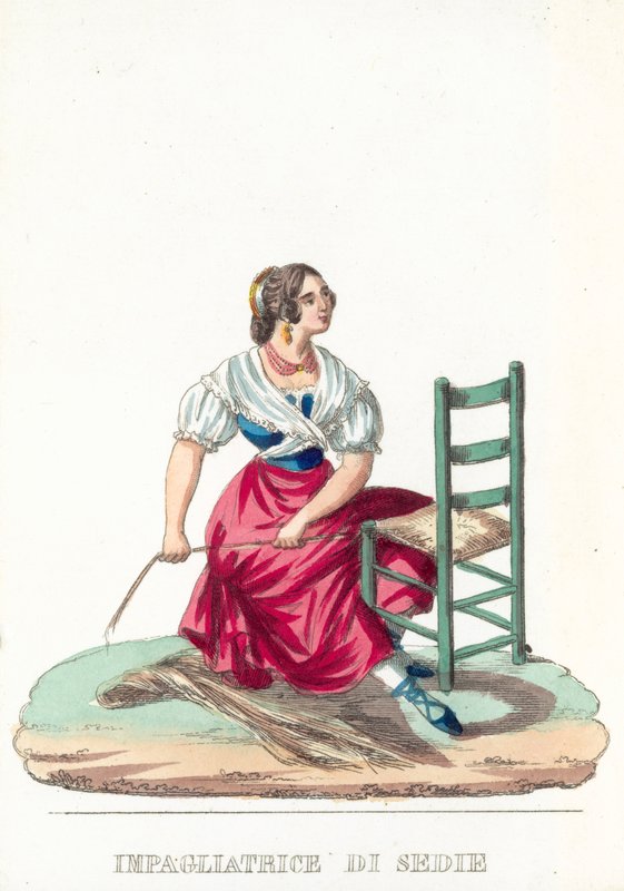 Stolar halmtillverkningsmaskin (färgad gravyr) av Italian School