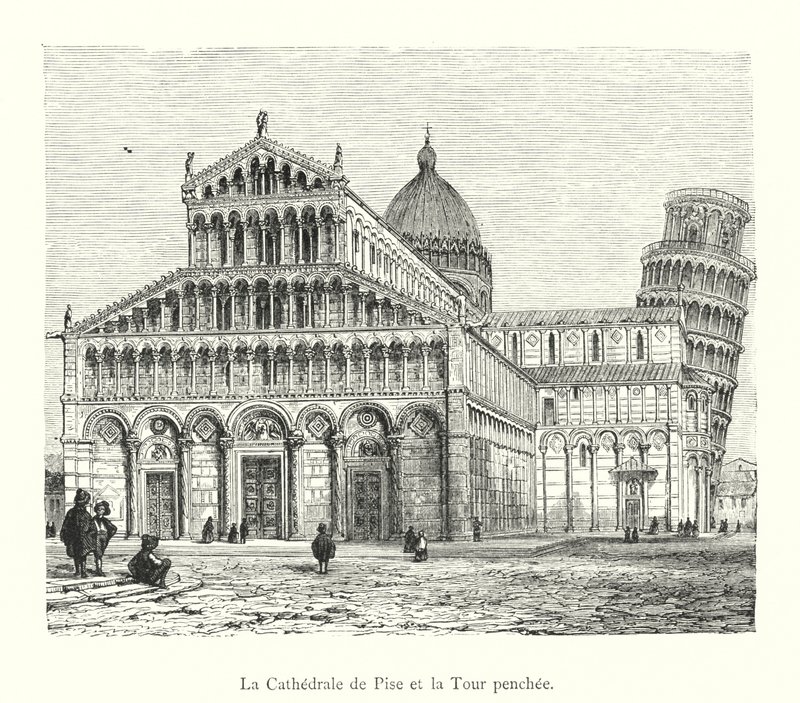 Pisas katedral och det lutande tornet (gravyr) av Italian School