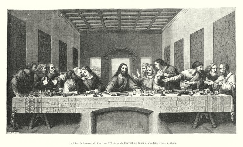 Den sista måltiden av Leonardo da Vinci, matsal i klostret Santa Maria delle Grazie, i Milano (gravyr) av Italian School