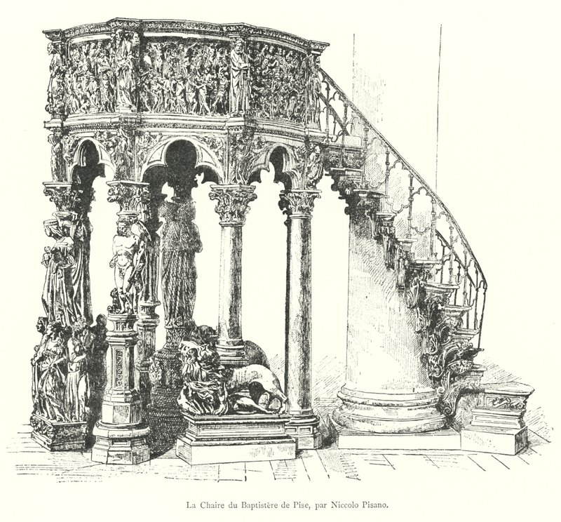 Predikstolen i Baptisteriet i Pisa, av Niccolo Pisano (gravyr) av Italian School