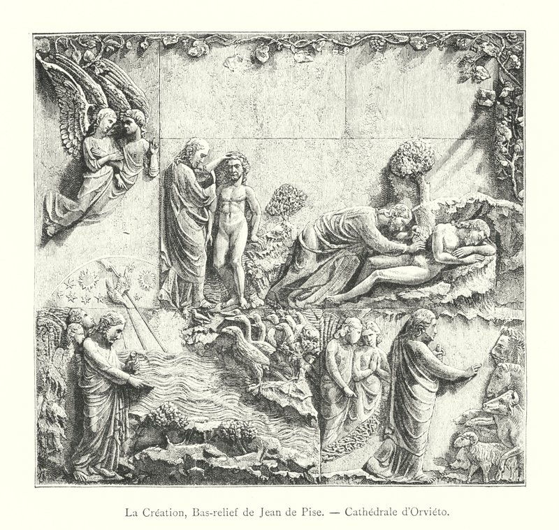 Skapelsen, basrelief av Johannes av Pisa, katedralen i Orvieto (gravyr) av Italian School
