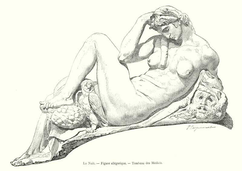 Natten, allegorisk figur, Medicis grav (gravyr) av Italian School
