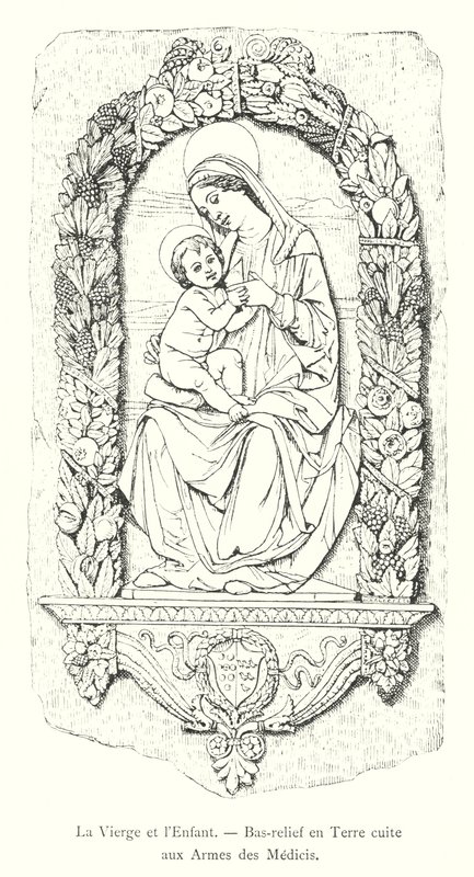 Jungfrun och barnet, terrakottabasrelief med Medici-armarna (gravyr) av Italian School