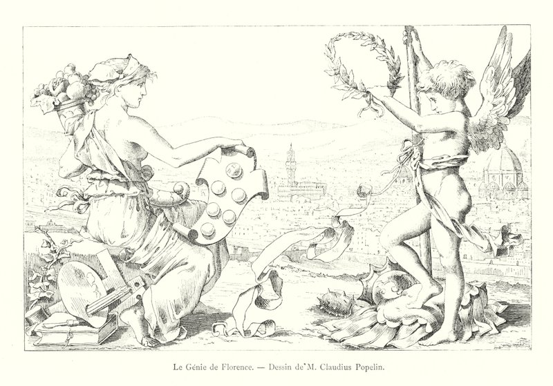 The Genius of Florence, teckning av M Claudius Popelin (gravyr) av Italian School