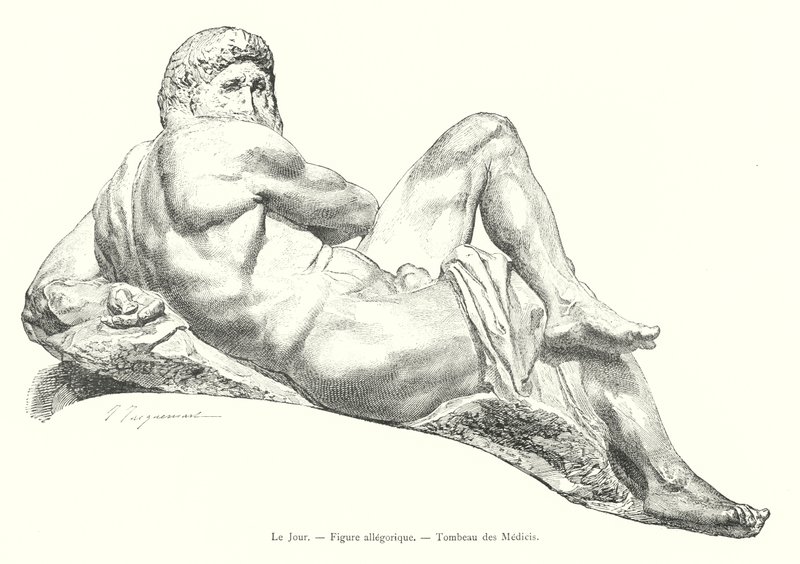 Dagen, allegorisk figur, Medicis grav (gravyr) av Italian School