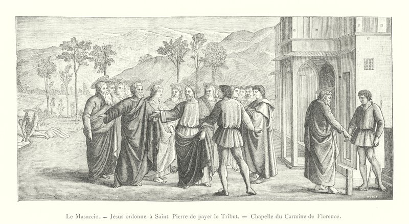 Masaccio, Jesus beordrar Sankt Peter att hylla hyllningen, Carmine Chapel i Florens (gravyr) av Italian School