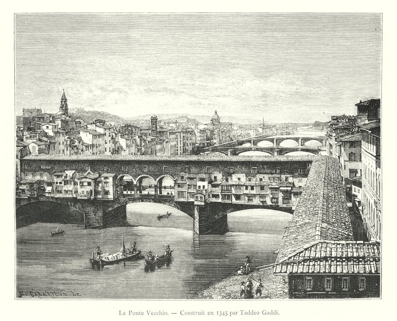 Le Ponte Vecchio, Construit en 1345 par Taddeo Gaddi (gravyr) av Italian School