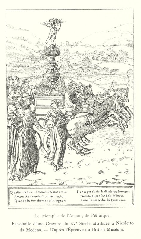 The Triumph of Love, av Petrarch, faksimil av en gravyr från 1400-talet tillskriven Nicoletto da Modena, efter British Museum Print (gravyr) av Italian School